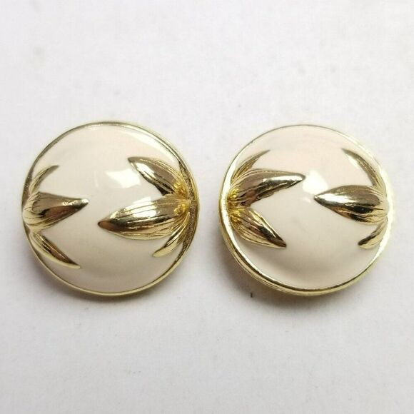 Vintage Cream Enamel and Gold Tone Dome Clip On Earrings, 80s Style, Estate - Picture 1 of 6